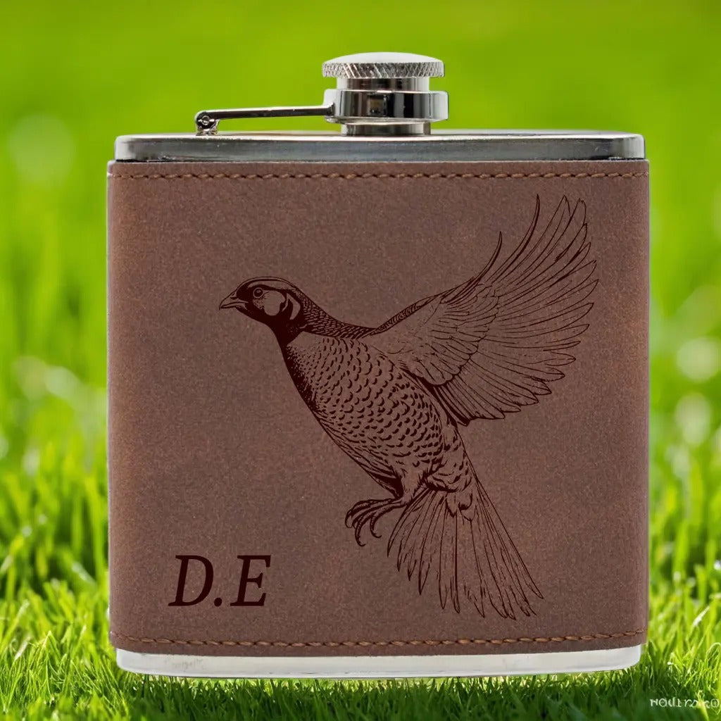 Brown personalised hip flask with initial's and pheasant design