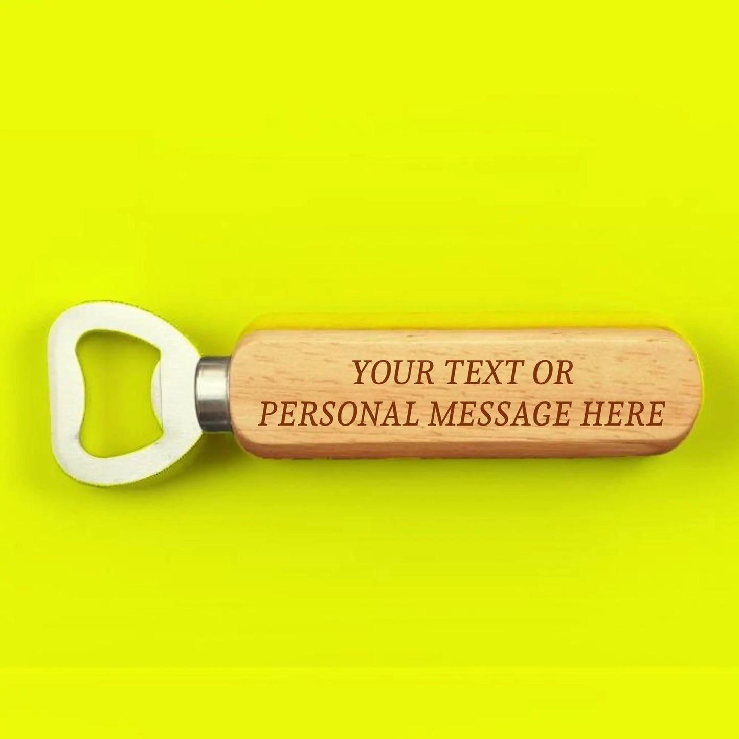 Wooden bottle opener with customizable text on a yellow background