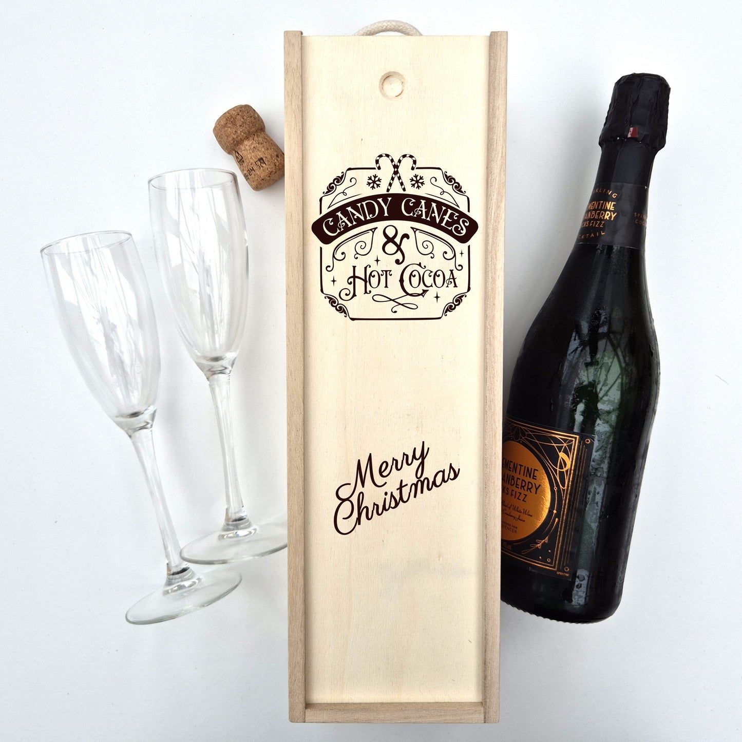 Personalised Christmas Champagne Box – Candy Canes & Hot Cocoa Engraved Wooden wine Box Engraved Wooden Wine Gift Box