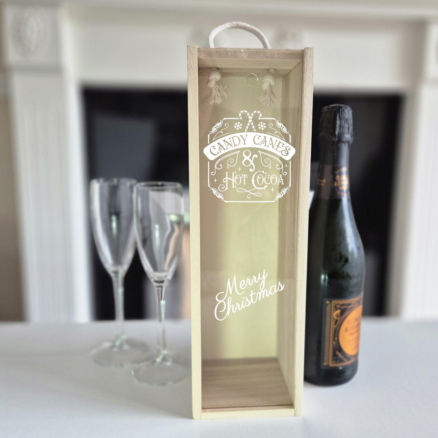 Personalised Christmas Champagne Box – Candy Canes & Hot Cocoa Engraved Wooden wine Box Engraved Wooden Wine Gift Box