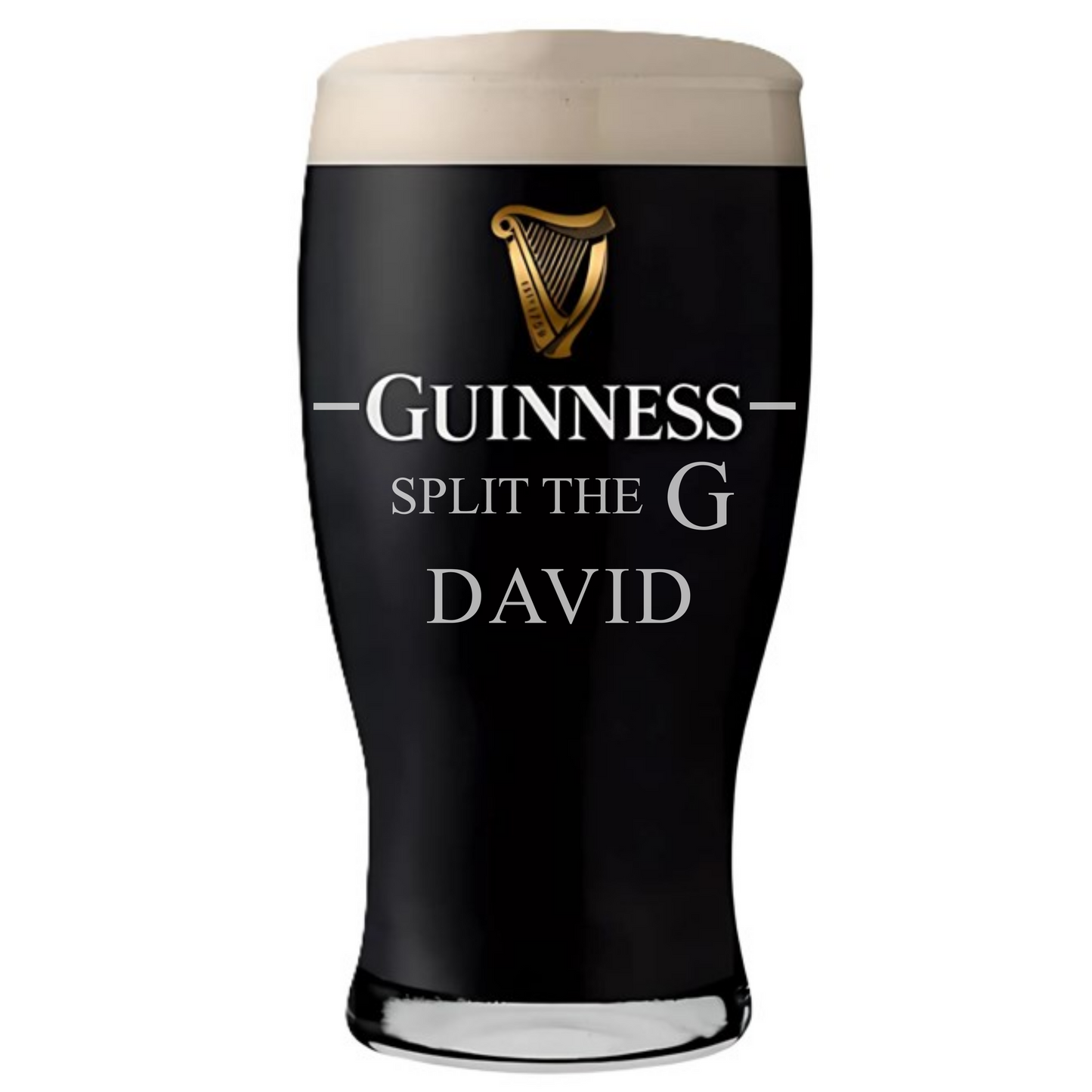 Pint of guinness with Split the G and Davd engraved on the front.