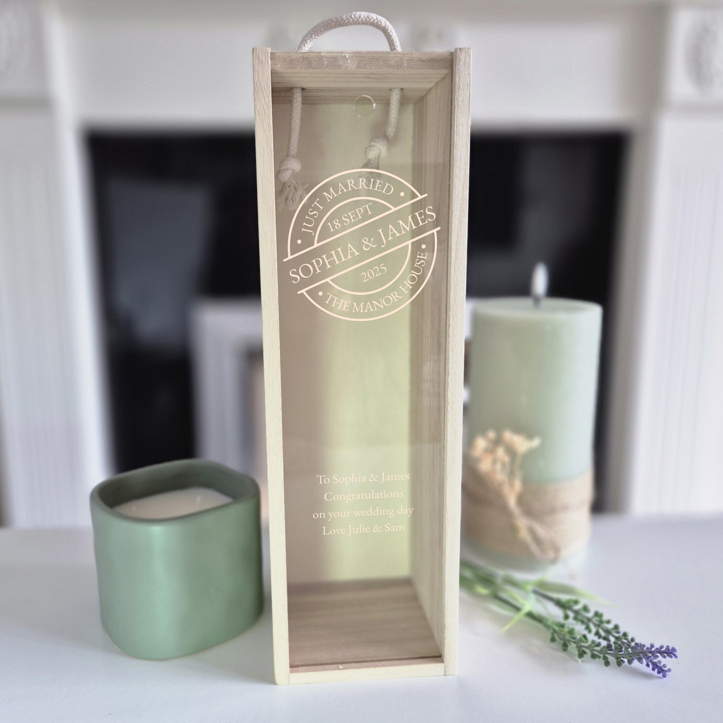 Just married personalised champagne box with couples names date and venue