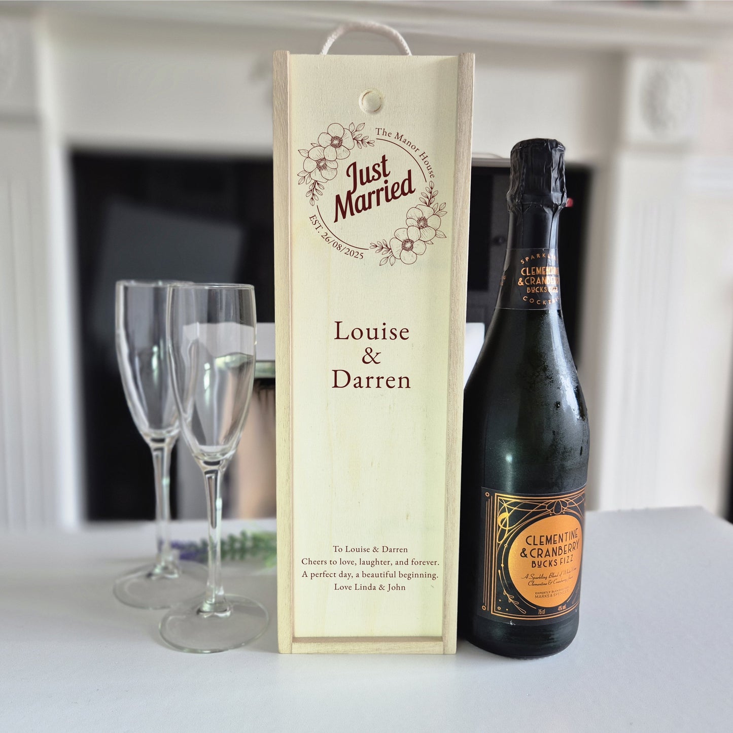 Just married personalised champagne box with names date and message