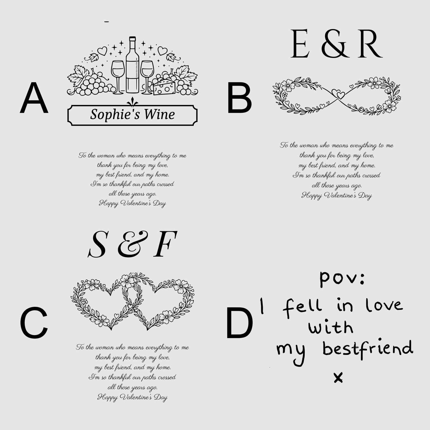 Collection of monochrome designs with text and symbols on a white background