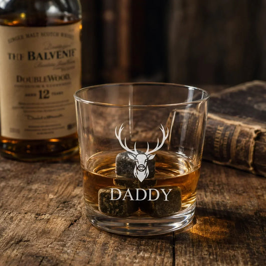 Personalised Father's day whisky glass with stag and DADDY engraved to the front.