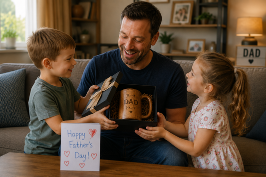 Father receiving personalised gift from 2 children