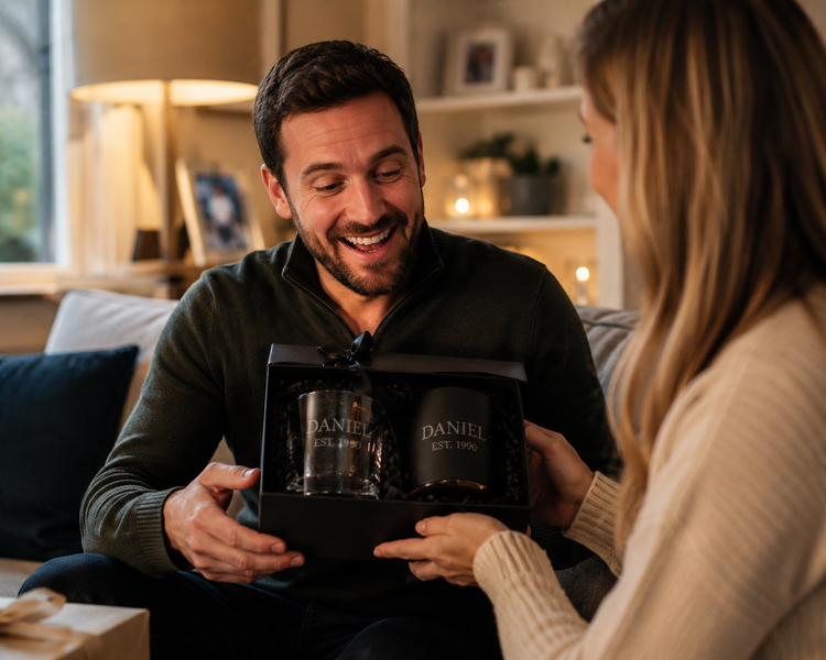 Man receiving a gift from a woman in a cozy living room setting