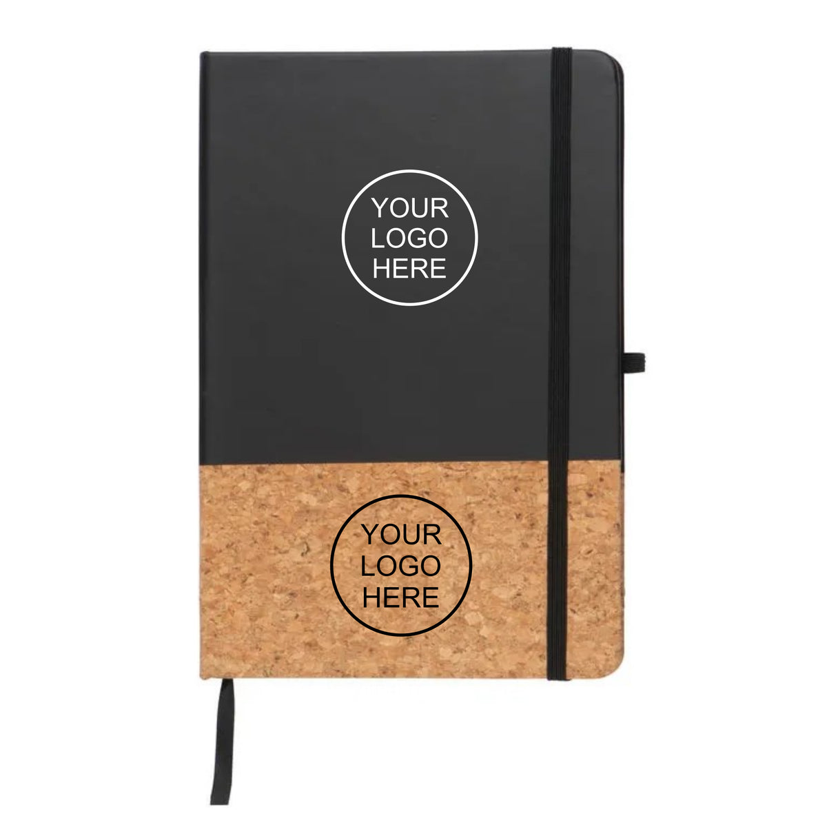 A hardcover notebook with a two-tone design, featuring a matte black top half and a natural cork bottom half. Both sections have circular placeholder logos reading 'YOUR LOGO HERE'.