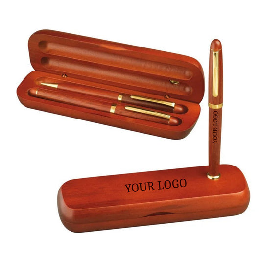 Oxford rosewood writing set with ballpoint pen, fountain pen and wooden case, showing example logo branding on the case and pen.