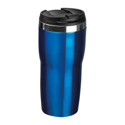 Blue insulated travel mug with a black lid on a white background