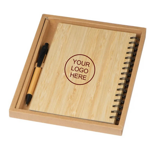 Pisa A5 bamboo notebook and pen set in presentation tray with example logo on cover