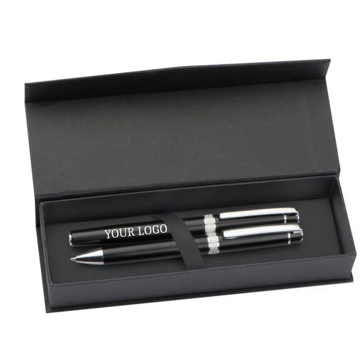 Karlovac black metal ballpoint pen and rollerball set in an open presentation box, showing example logo branding.