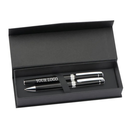 Karlovac black metal ballpoint pen and rollerball set in an open presentation box, showing example logo branding.
