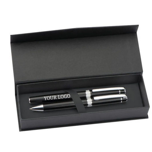 Karlovac black metal ballpoint pen and rollerball set in an open presentation box, showing example logo branding.