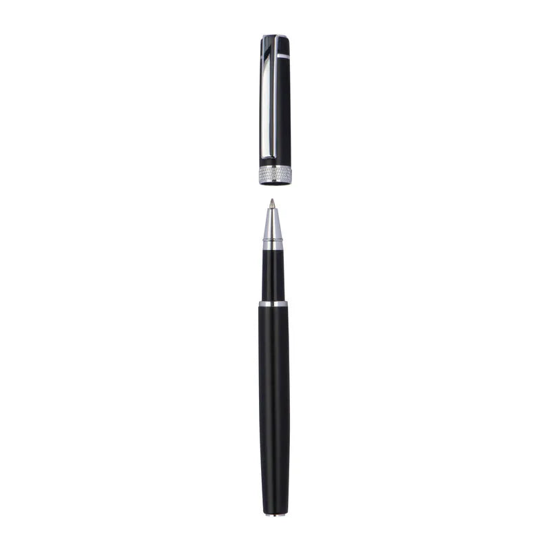 Karlovac black metal rollerball pen with cap removed, showing silver-tone tip, clip and decorative ring.