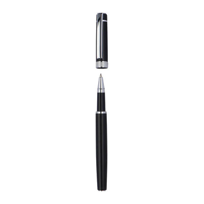 Karlovac black metal rollerball pen with cap removed, showing silver-tone tip, clip and decorative ring.