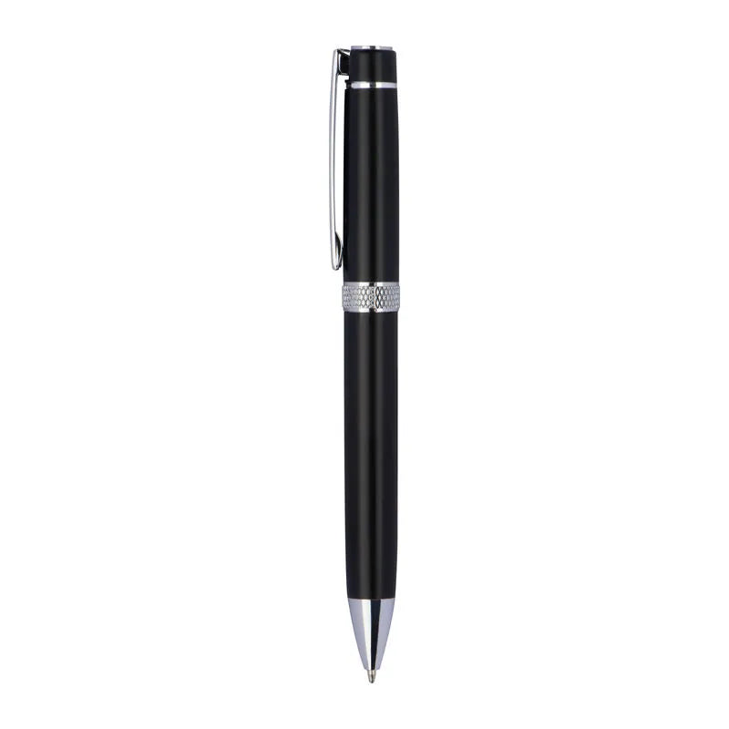 Karlovac black metal ballpoint pen with silver-tone clip, tip and textured decorative ring.