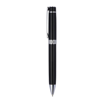Karlovac black metal ballpoint pen with silver-tone clip, tip and textured decorative ring.
