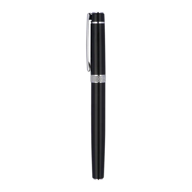 Karlovac black metal rollerball pen with cap fitted, silver-tone clip and textured decorative ring.