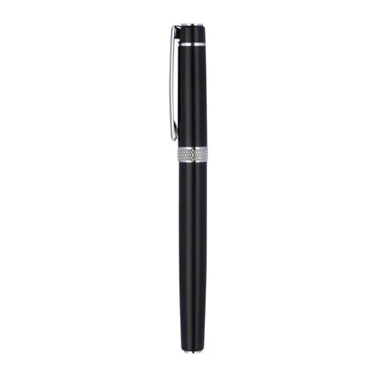 Karlovac black metal rollerball pen with cap fitted, silver-tone clip and textured decorative ring.