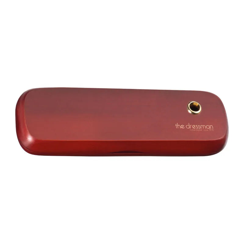 Closed Oxford rosewood presentation case with example logo branding and a gold-tone pen holder.
