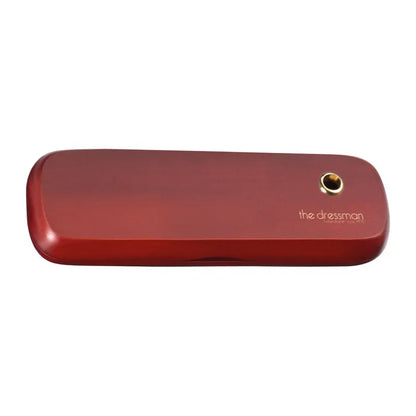 Closed Oxford rosewood presentation case with example logo branding and a gold-tone pen holder.