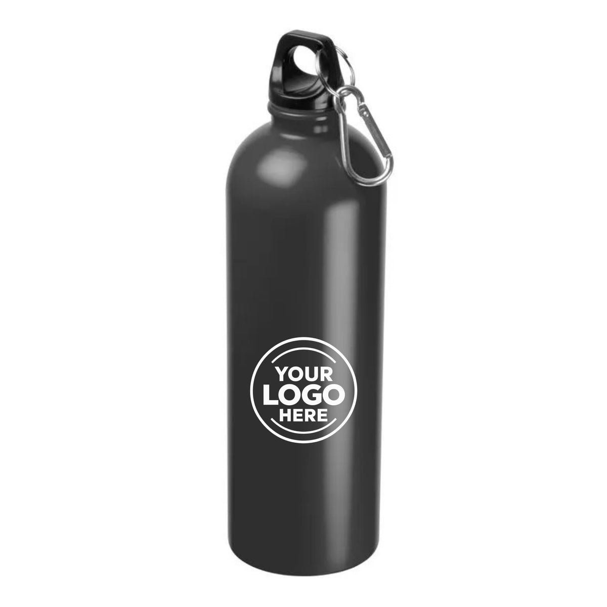 A matte black insulated water bottle with a silver carabiner attached to the lid and a white circular placeholder logo on the front reading 'YOUR LOGO HERE', shown on a plain white background.