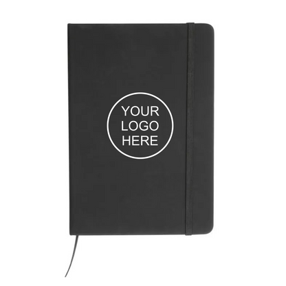 Black recycled PU A5 notebook showing an example company logo on the front cover