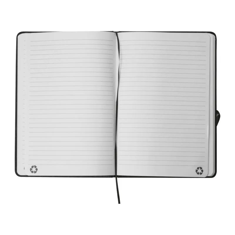 Open recycled PU A5 notebook showing its lined recycled-paper pages