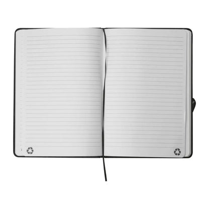 Open recycled PU A5 notebook showing its lined recycled-paper pages
