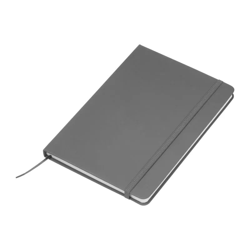 Grey recycled PU A5 notebook with matching elastic closure and ribbon bookmark