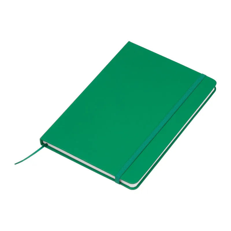 Green recycled PU A5 notebook with matching elastic closure and ribbon bookmark