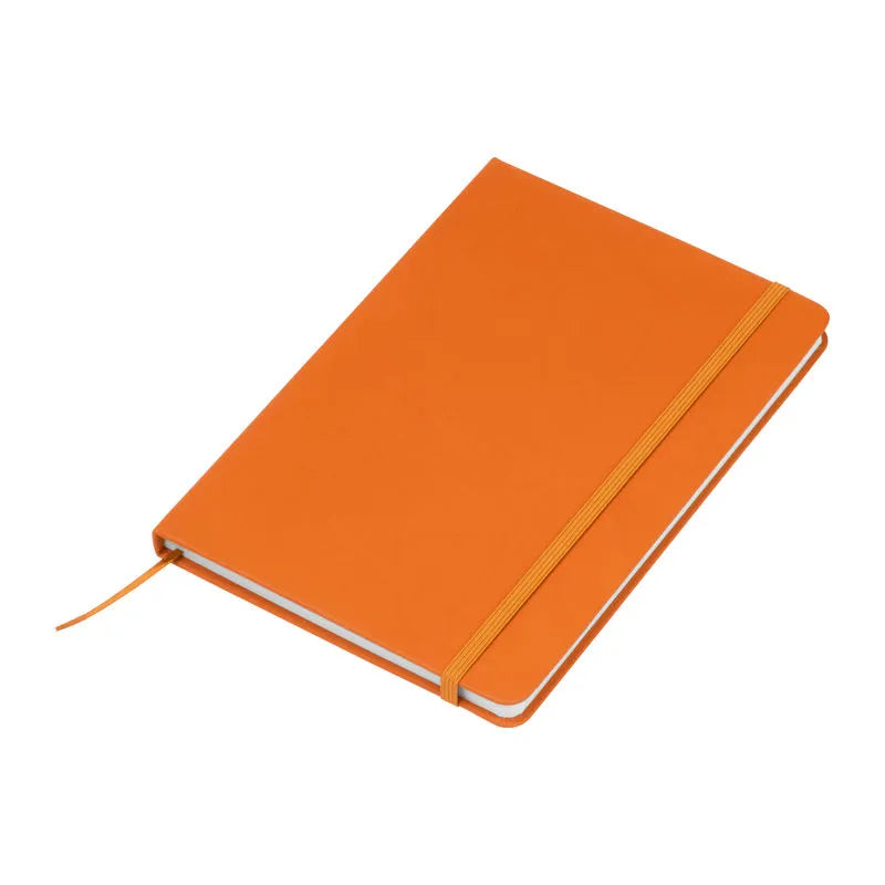 Orange recycled PU A5 notebook with matching elastic closure and ribbon bookmark