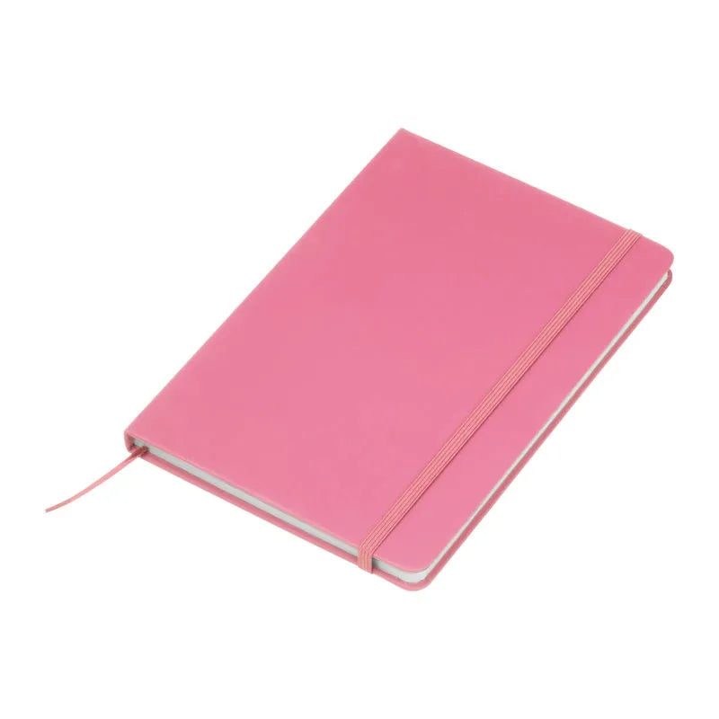 Pink recycled PU A5 notebook with matching elastic closure and ribbon bookmark