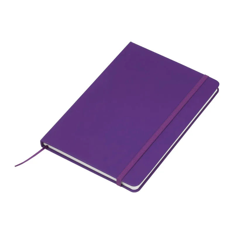 Purple recycled PU A5 notebook with matching elastic closure and ribbon bookmark