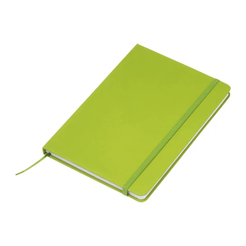 Lime green recycled PU A5 notebook with matching elastic closure and ribbon bookmark