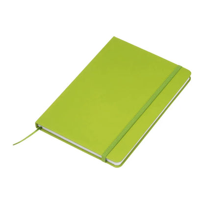 Lime green recycled PU A5 notebook with matching elastic closure and ribbon bookmark