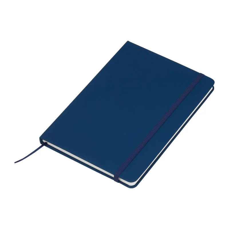 Navy blue recycled PU A5 notebook with matching elastic closure and ribbon bookmark