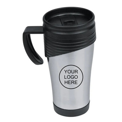 Grey El Paso 400ml travel mug with black handle and lid, showing company logo placement