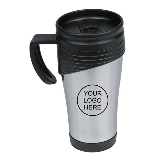Grey El Paso 400ml travel mug with black handle and lid, showing company logo placement