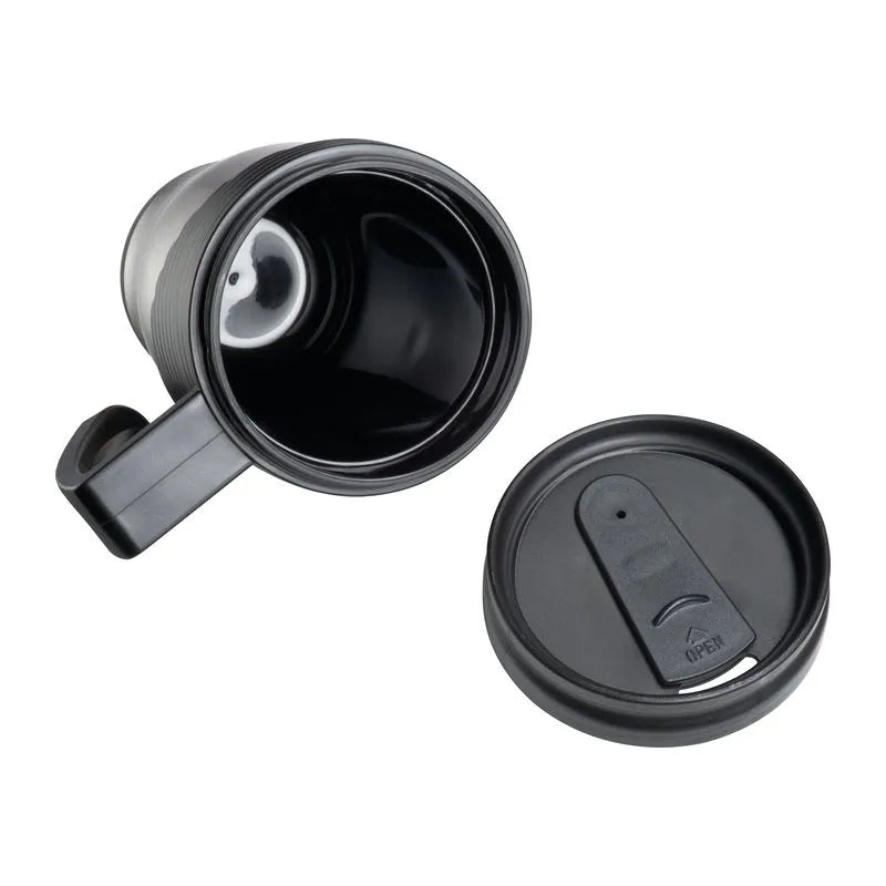 Top view of the El Paso travel mug with the removable black sliding lid beside it