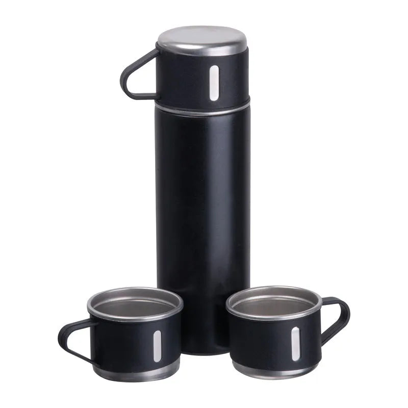 Black thermos with two matching cups on a white background