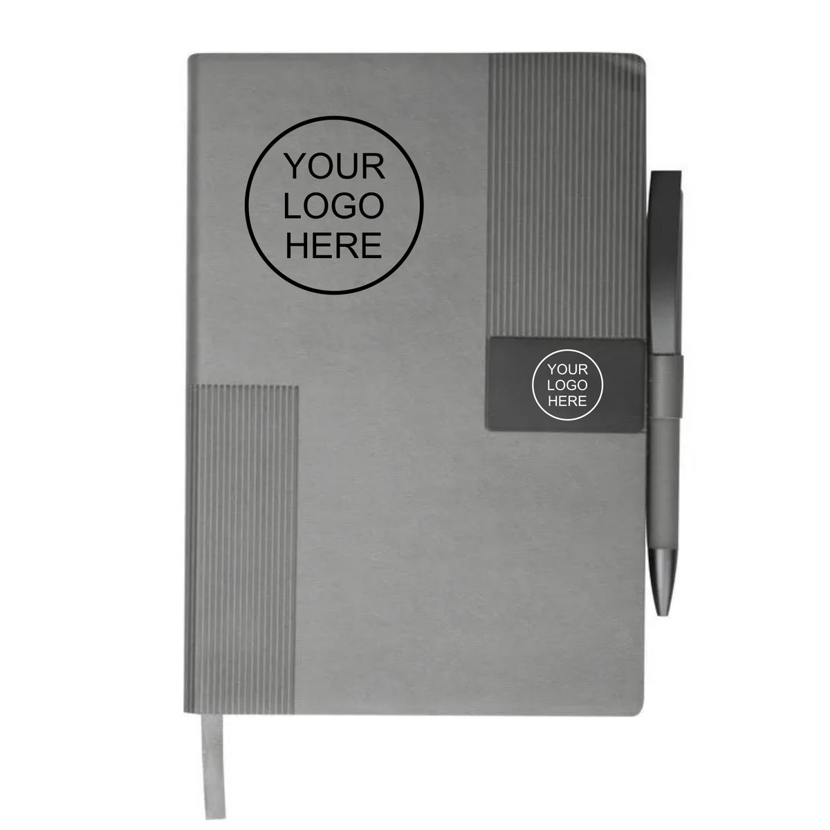 A gray hardcover notebook with a pen attached on the right side, featuring a ribbed texture and customizable black logo placeholders on the front cover and a small label near the pen clip.