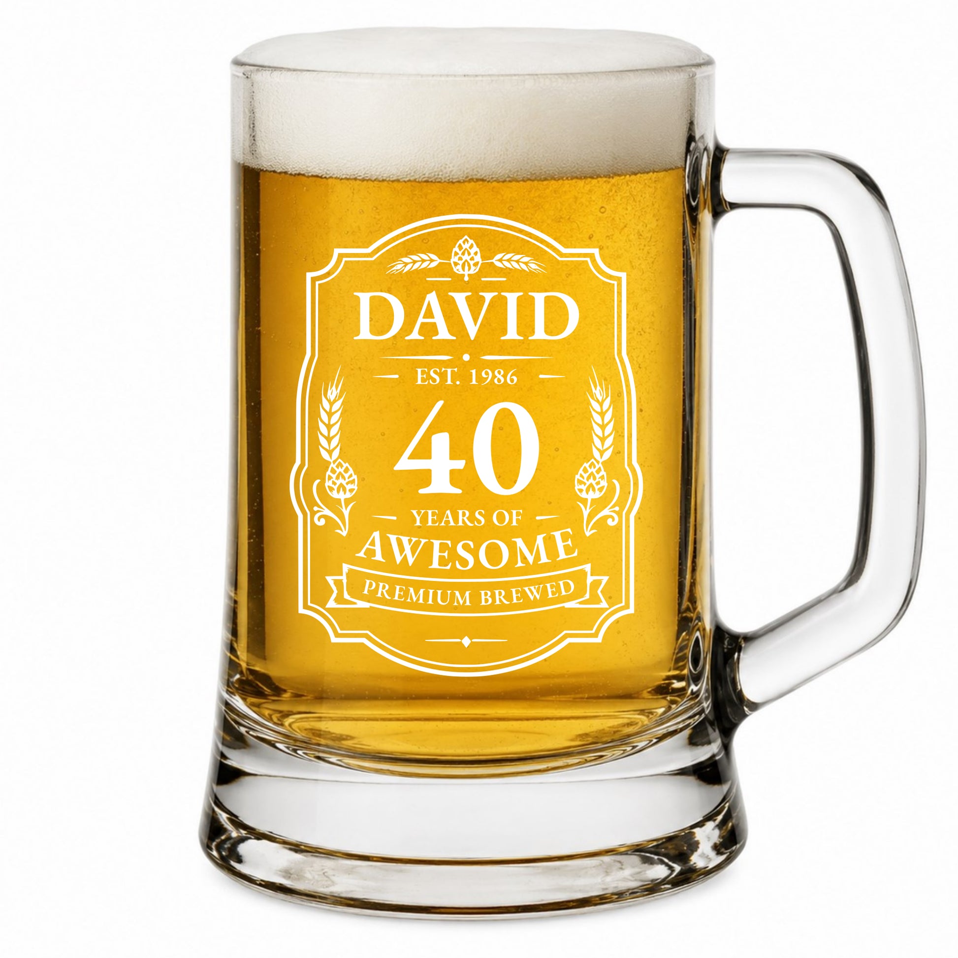 Glass mug with beer and personalized engraving on a white background