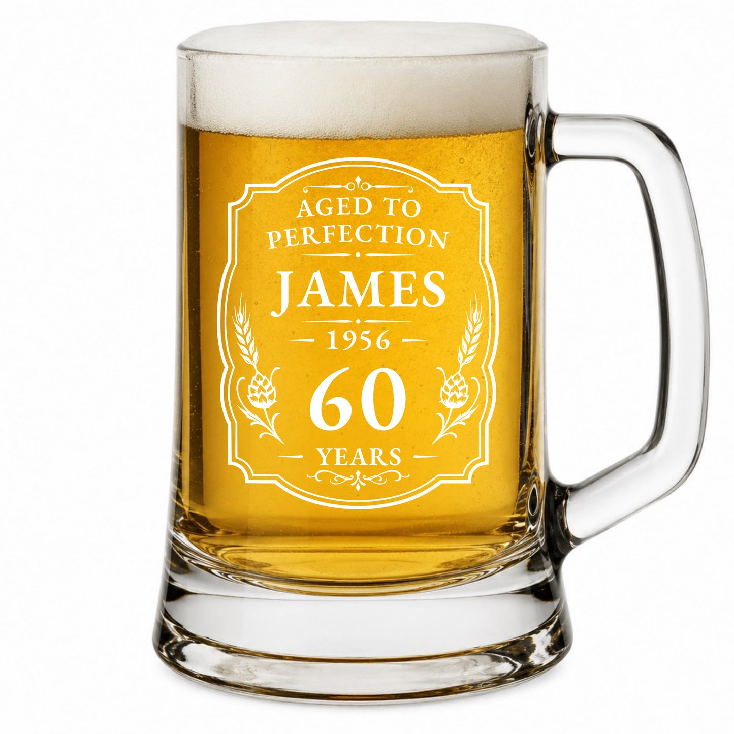 Personalized beer mug with 'Aged to Perfection' text and a design, filled with beer.