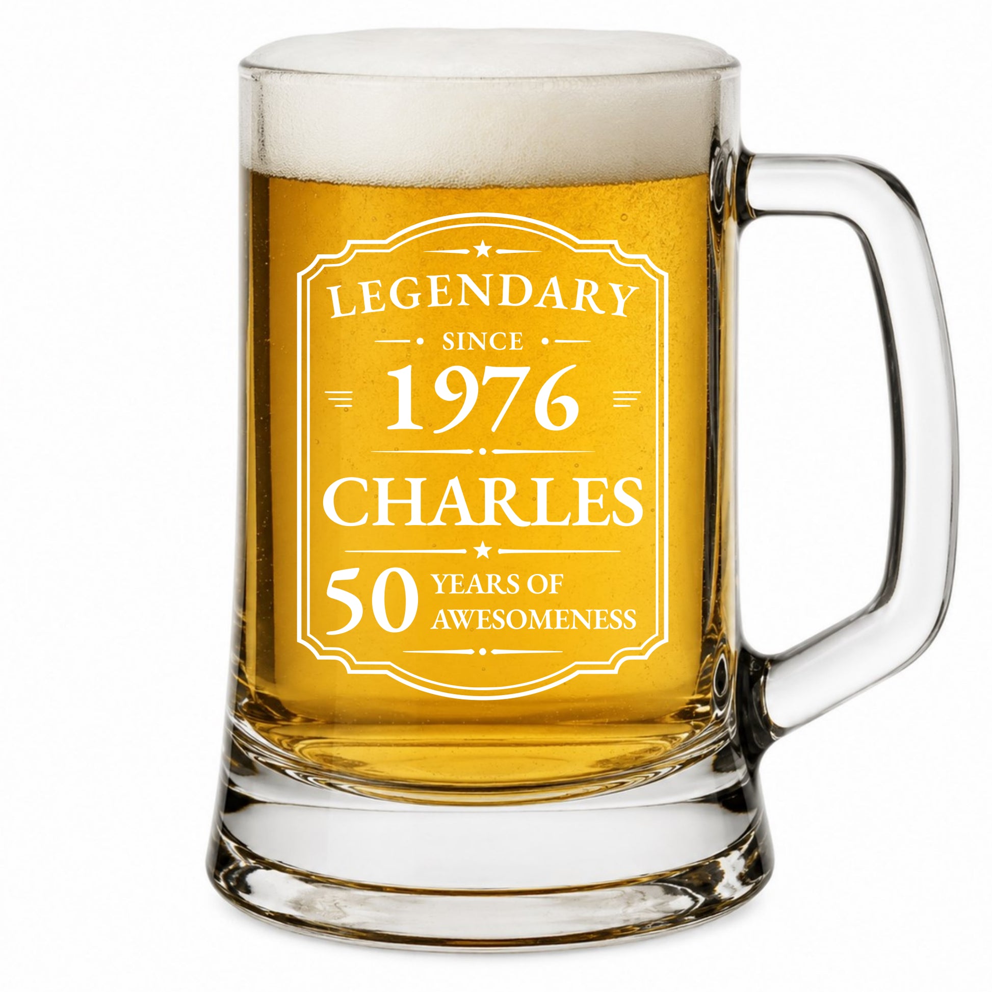 Glass mug with beer, engraved with 'Legendary since 1976 Charles 50 years of awesomeness'.
