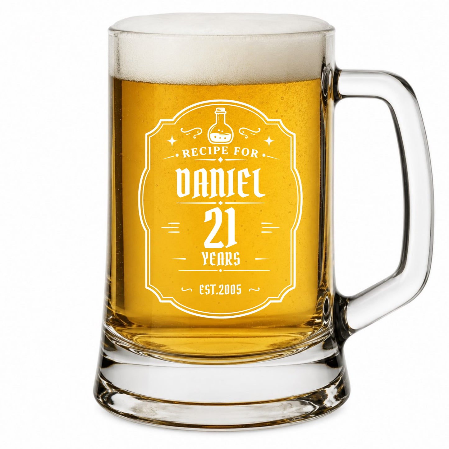 Glass mug filled with beer and personalized engraving on a white background