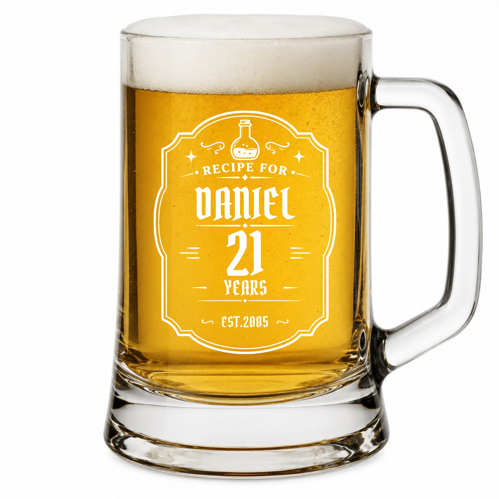 Glass mug filled with beer and personalized engraving on a white background
