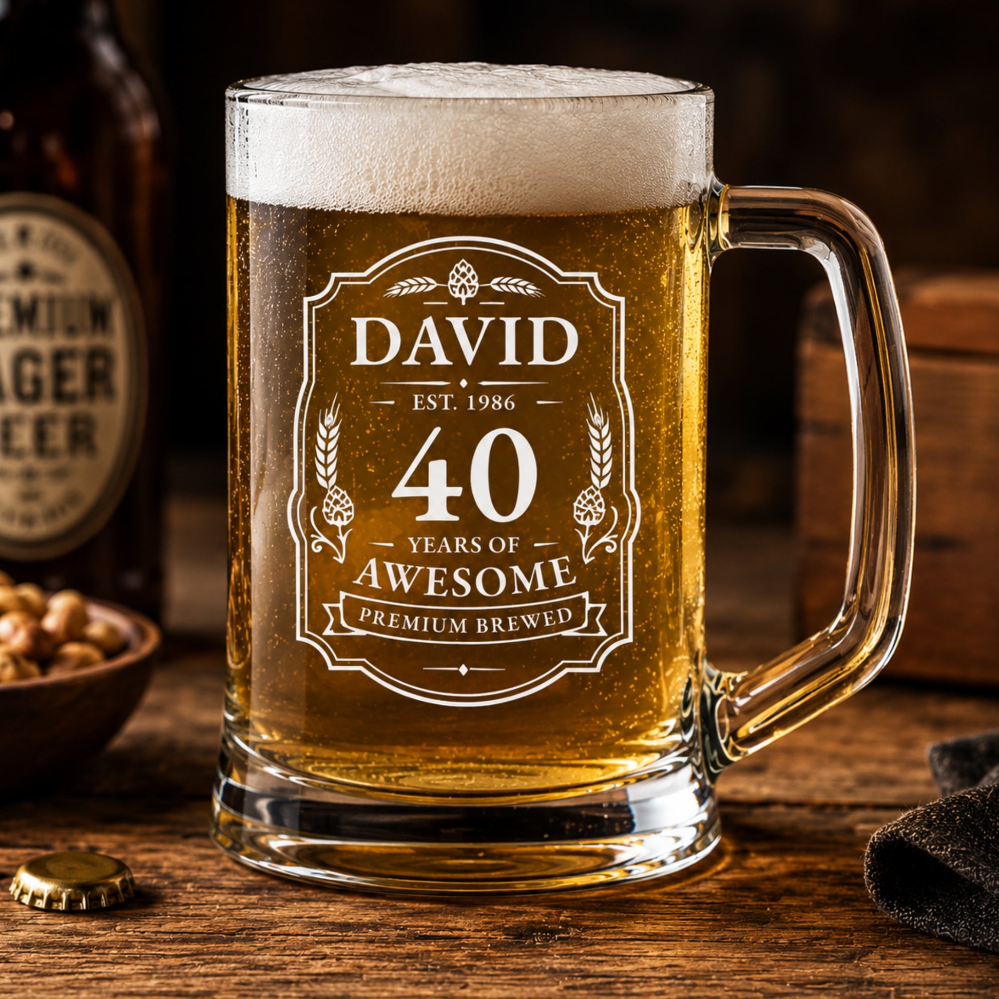 Personalized beer mug with '40 Years of Awesome' engraving on a wooden table.