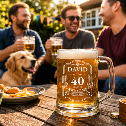 Three men enjoying beer with a dog at a outdoor gathering, featuring a personalized beer mug.